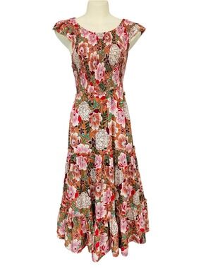 Abel The Label Floral Maxi Dress Smocked Tiered Boho Pink Tan Small Boho Resort